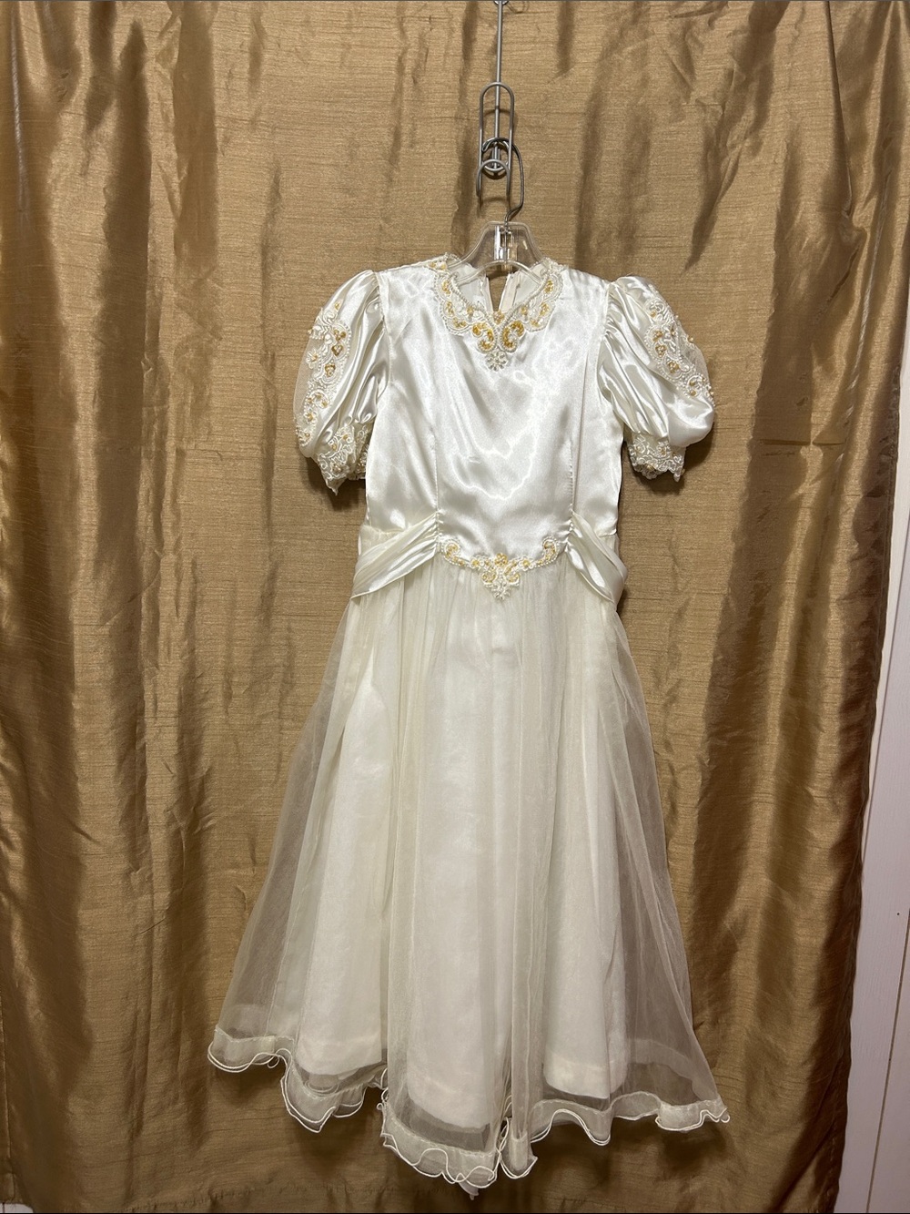 Classic Ivory Satin Girls' Formal Dress with Gold Accents